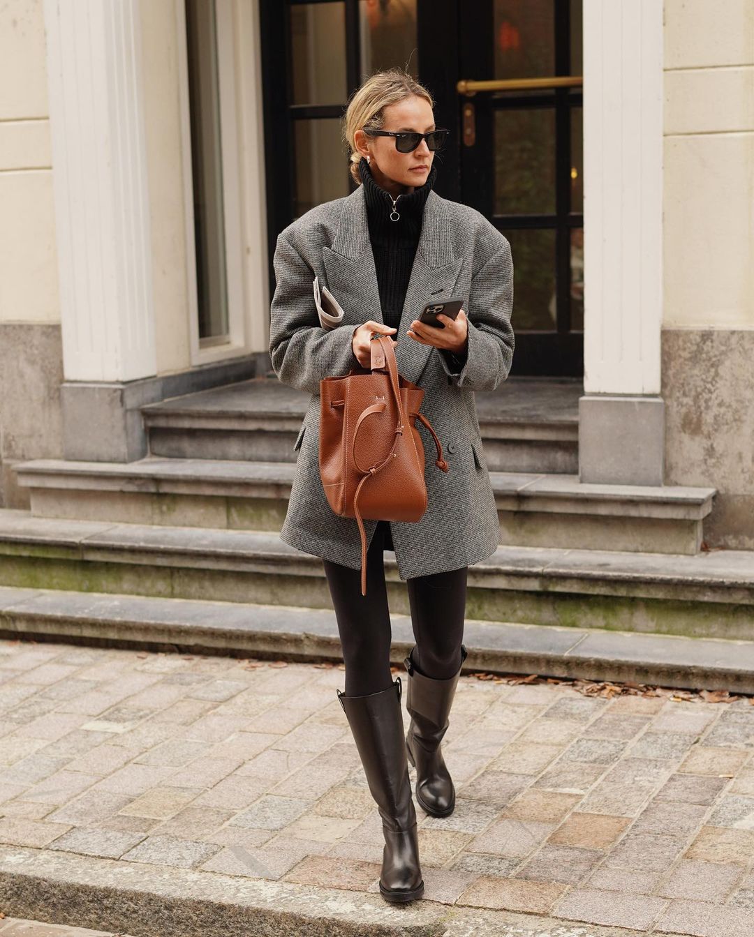 Herringbone Blazer and Turtleneck with Black Leggings Herringbone Blazer and Turtleneck with Black Leggings — Winter Outfits with Leggings