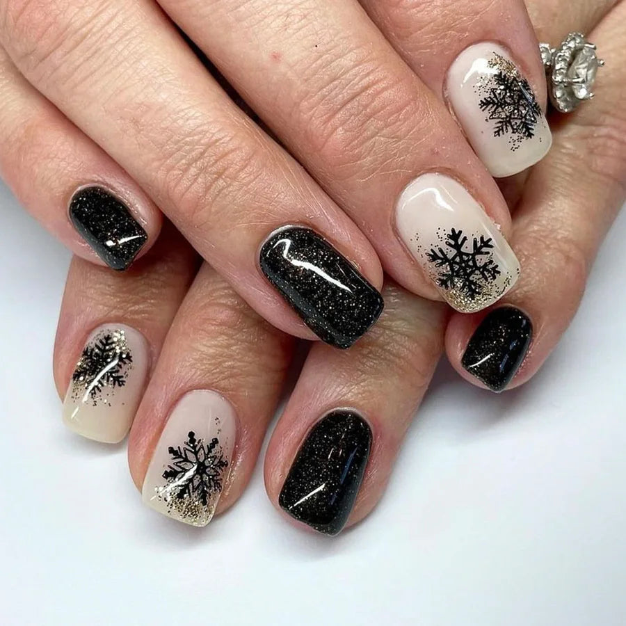 Black Cream Gold Glitter Snowflake Nails Black Cream Gold Glitter Snowflake Nails