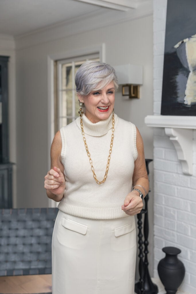 Sophisticated Sleeveless Knit with Gold Jewelry Sophisticated Sleeveless Knit with Gold Jewelry — Winter Outfits for Women Over 50