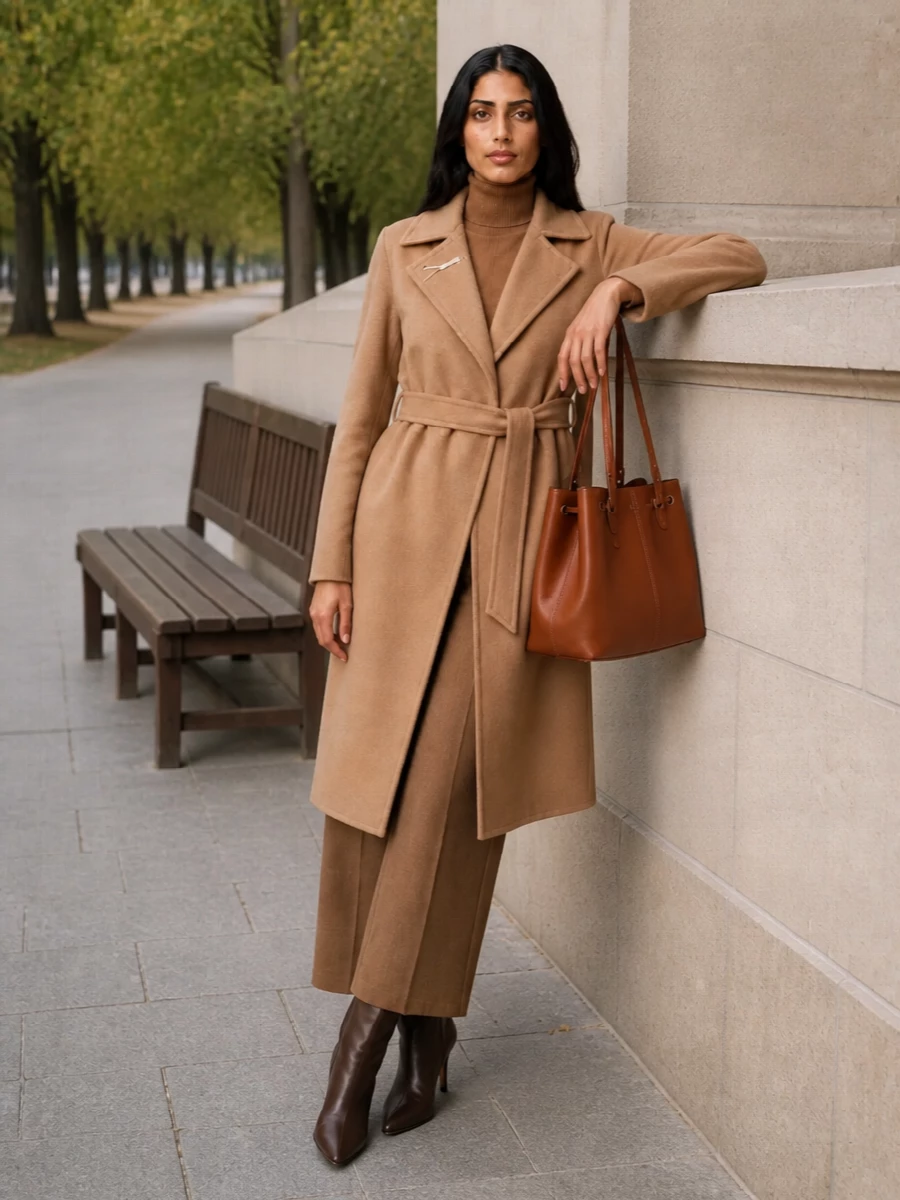 Belted Camel Coat with Tonal Brown Ensemble Belted Camel Coat with Tonal Brown Ensemble — Camel Coat Outfits