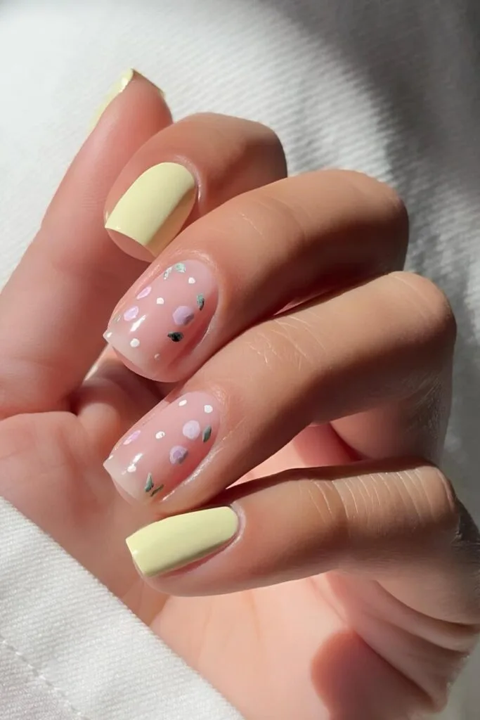 Dainty Florals and Dots on Pale Yellow Dainty Florals and Dots on Pale Yellow — cute nail designs