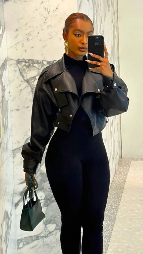 Leather Jacket over Black Turtleneck and Jumpsuit Leather Jacket over Black Turtleneck and Jumpsuit — Winter Outfits for Black Girls