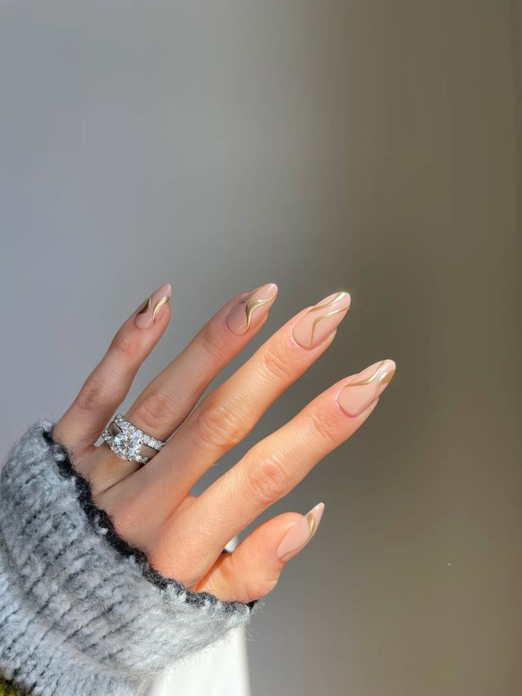Nude Abstract Gold Line Nails Nude Abstract Gold Line Nails — easy nail designs