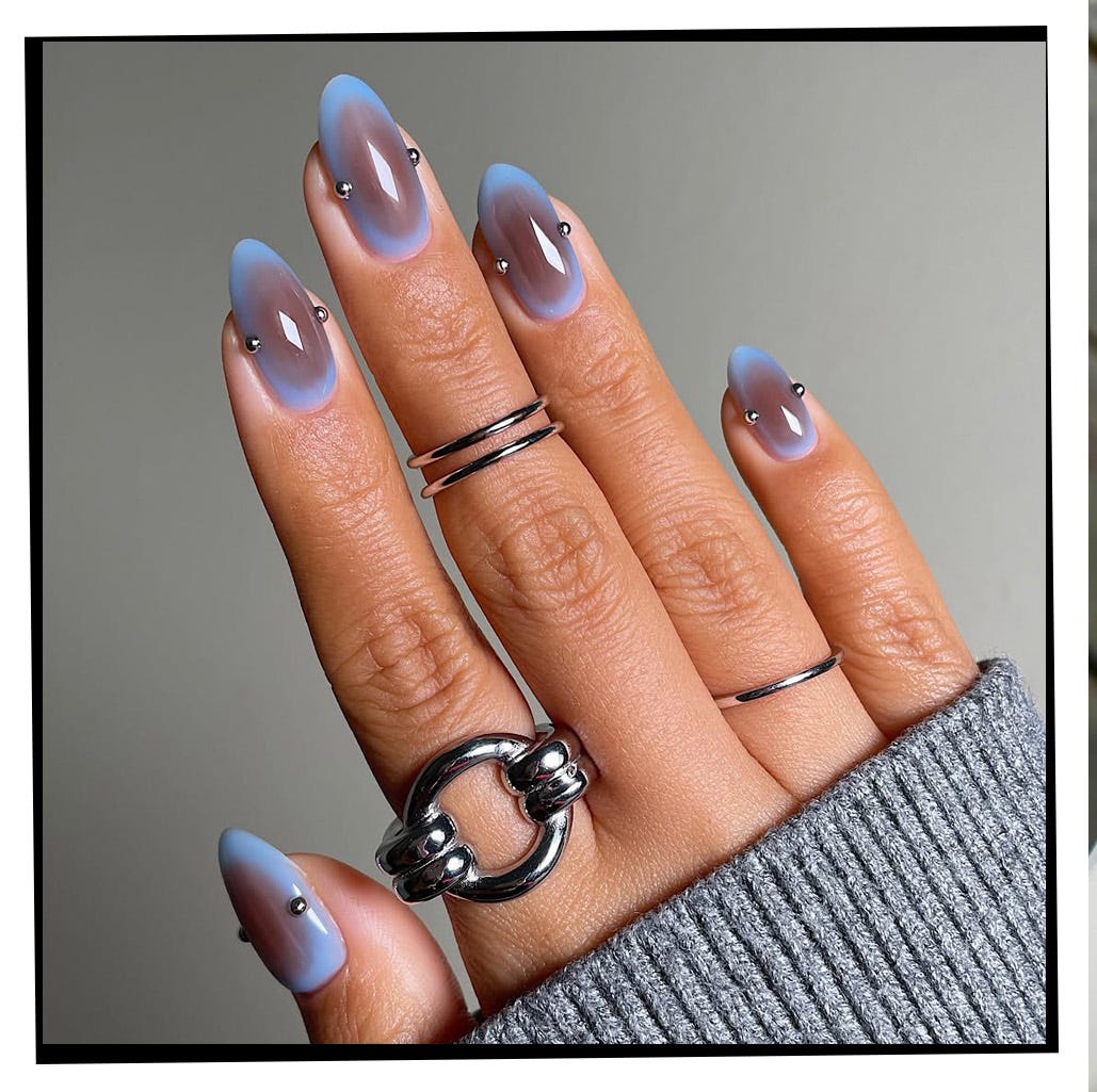 Blue Ombre Silver Stud Stiletto Nails Blue Ombre Silver Stud Stiletto Nails — Cute Winter Nails