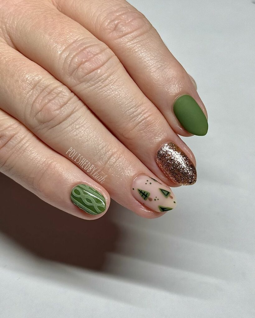 Matte Olive Green Cable Knit Ovals Matte Olive Green Cable Knit Ovals — Winter Formal Nails