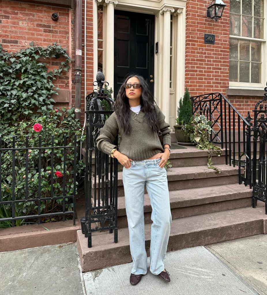 Casual Olive V-Neck Sweater Over White T-Shirt with Wide-Leg Jeans — Turtleneck Outfits