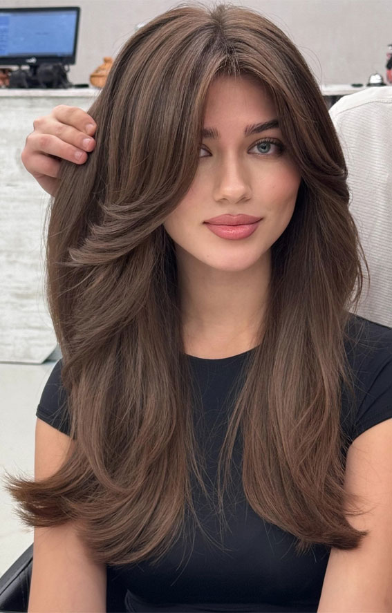 Medium Brown Blowout With Curtain Bangs Medium Brown Blowout With Curtain Bangs — Deep Winter Hair Color