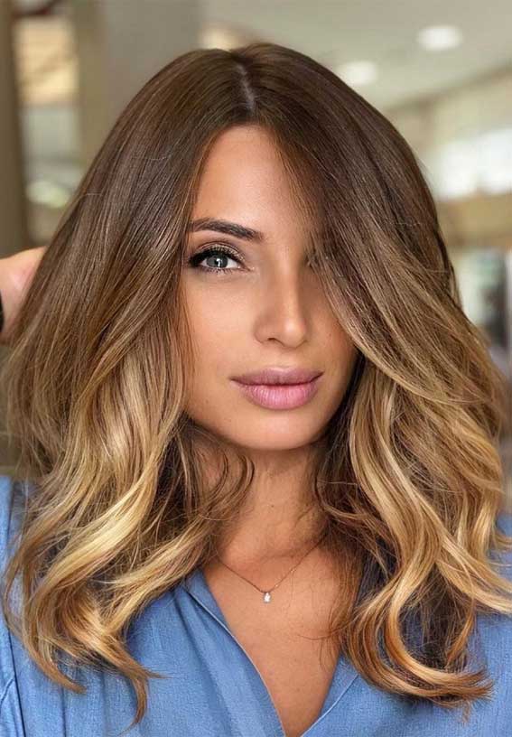 Medium Blonde Long Bob With Golden Balayage Medium Blonde Long Bob With Golden Balayage — Winter Balayage