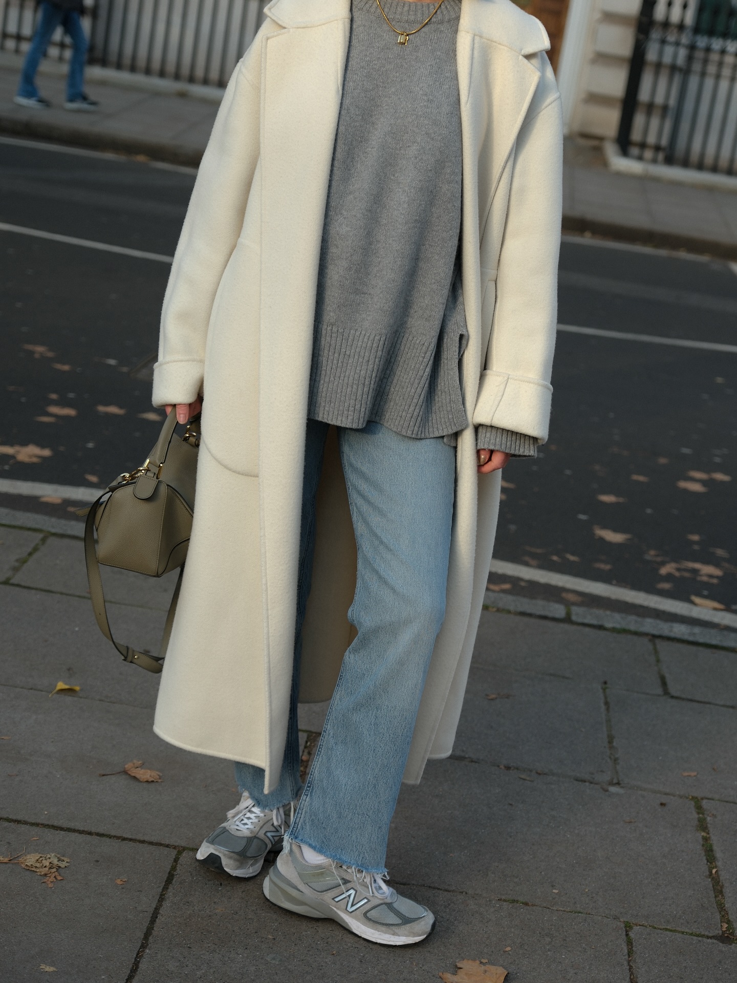 Layered Cream Wool Coat with Grey Sweaters and Jeans — Wool Coat Outfits