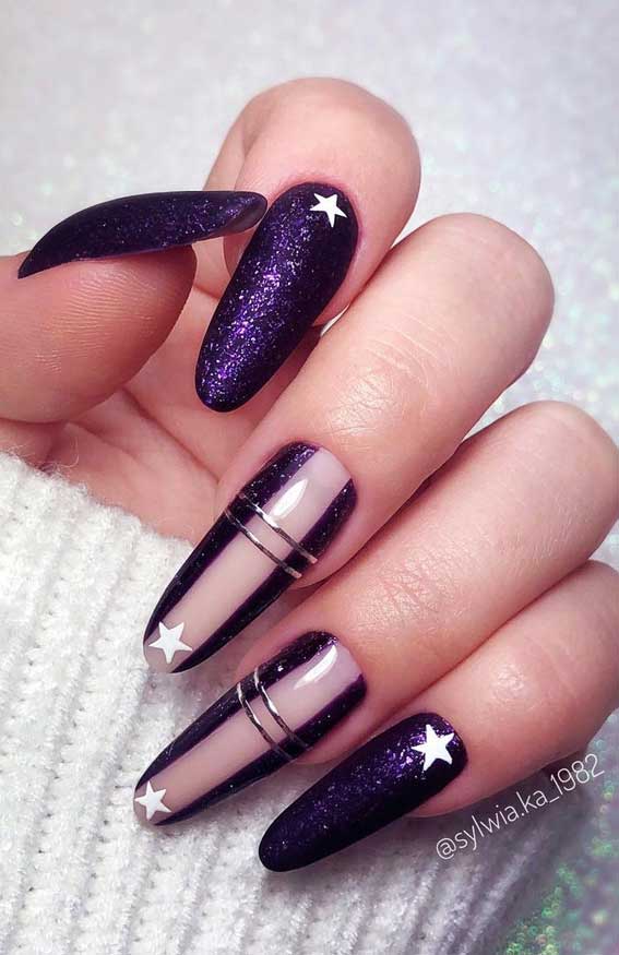 Glitter Purple Star and Stripe Coffin Glitter Purple Star and Stripe Coffin — Dark Winter Nails
