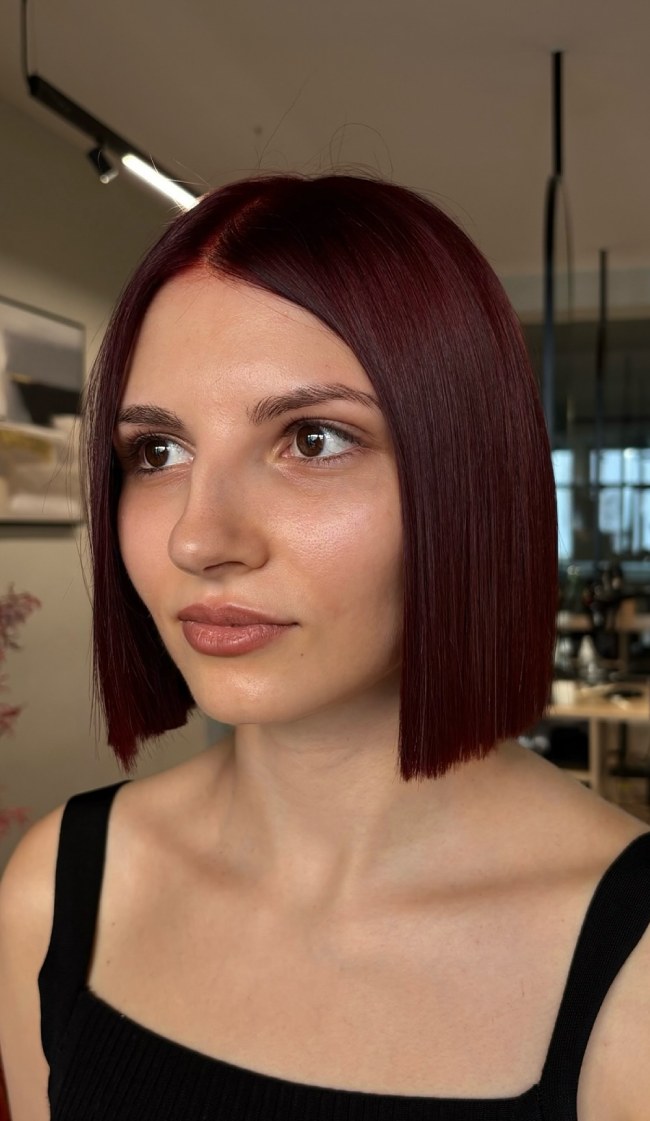 Deep Merlot Burgundy Blunt Bob Deep Merlot Burgundy Blunt Bob — Burgundy Hair Color