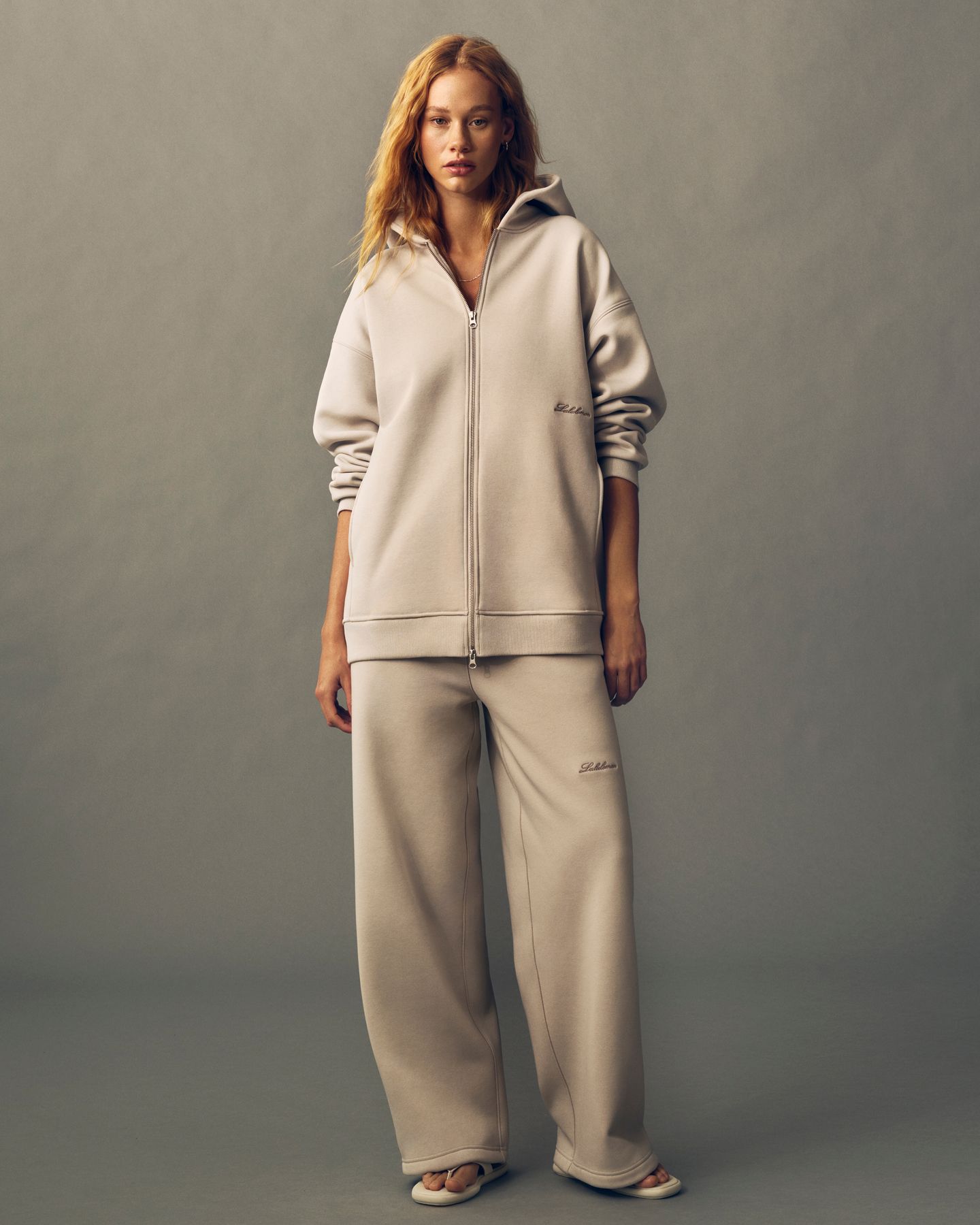 Beige Fleece Zip-Up Hoodie and Wide-Leg Pants — Loungewear Outfits