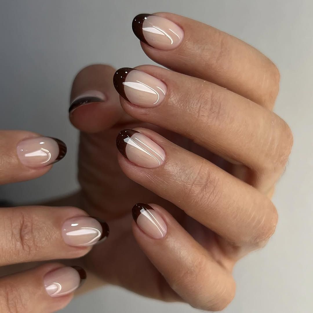 Dark Brown White Line Oval — Winter French Tip Nails