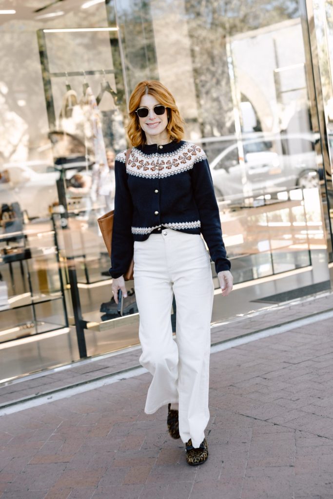Navy Fair Isle Cardigan with White Wide-Leg Pants Navy Fair Isle Cardigan with White Wide-Leg Pants — Fair Isle Sweater Outfits
