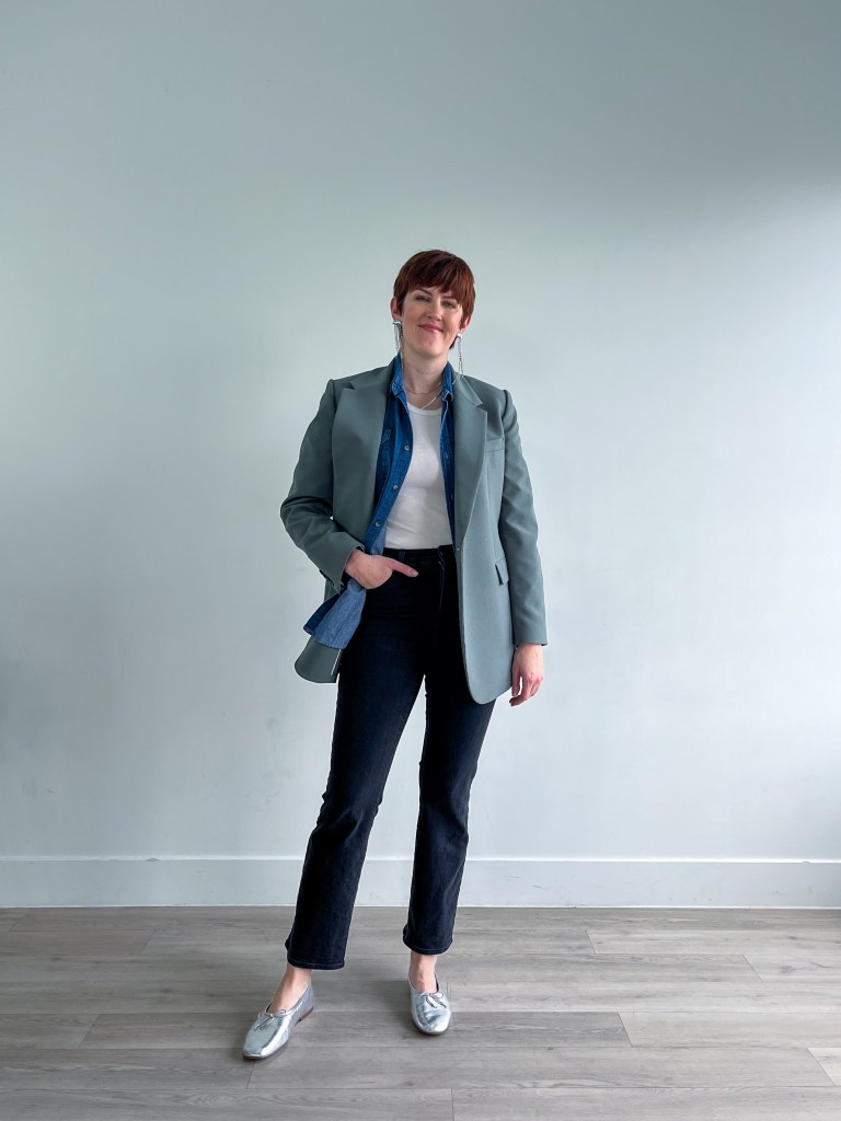 Grey Blazer Over Denim Shirt with Silver Loafers Grey Blazer Over Denim Shirt with Silver Loafers — Winter Teacher Outfits