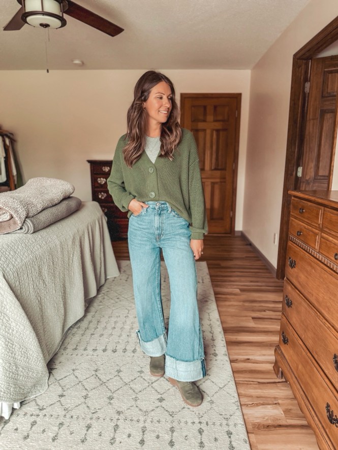 Utilitarian Chic: Cuffed Wide-Leg Jeans with Chunky Cardigan — Winter Outfits with Jeans