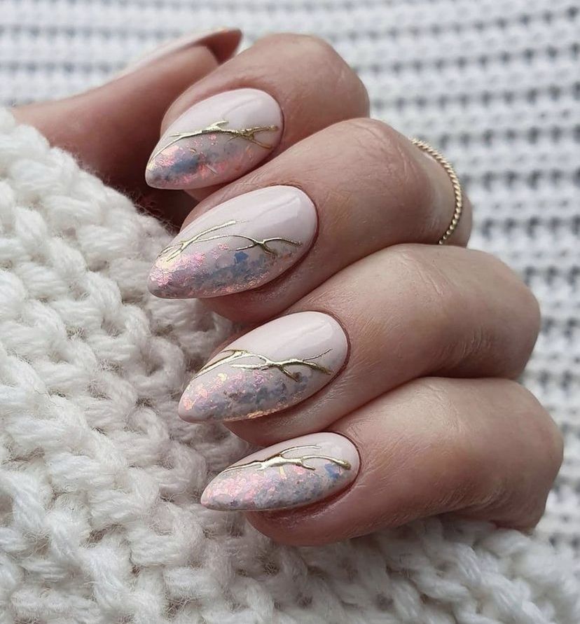 Pale Pink Glitter Line Almond Nails — Winter Marble Nails