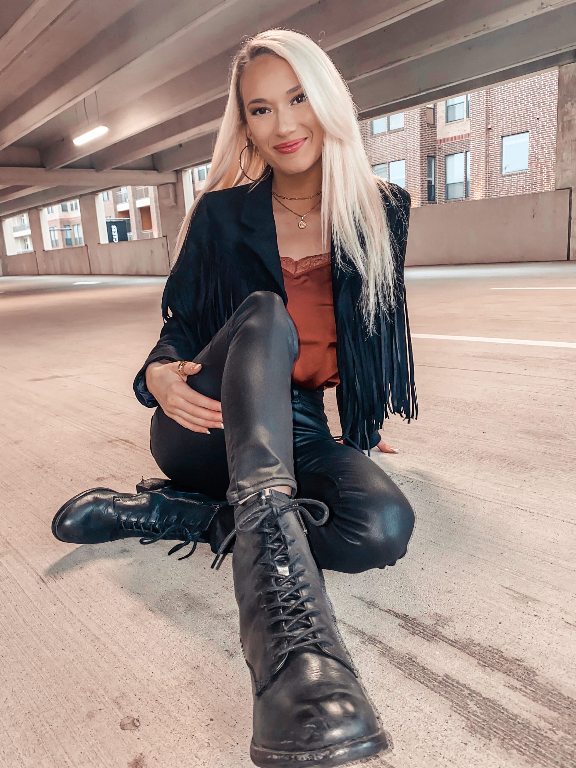 Fringed Blazer Over Satin Camisole with Faux Leather Pants — Nashville Winter Outfits