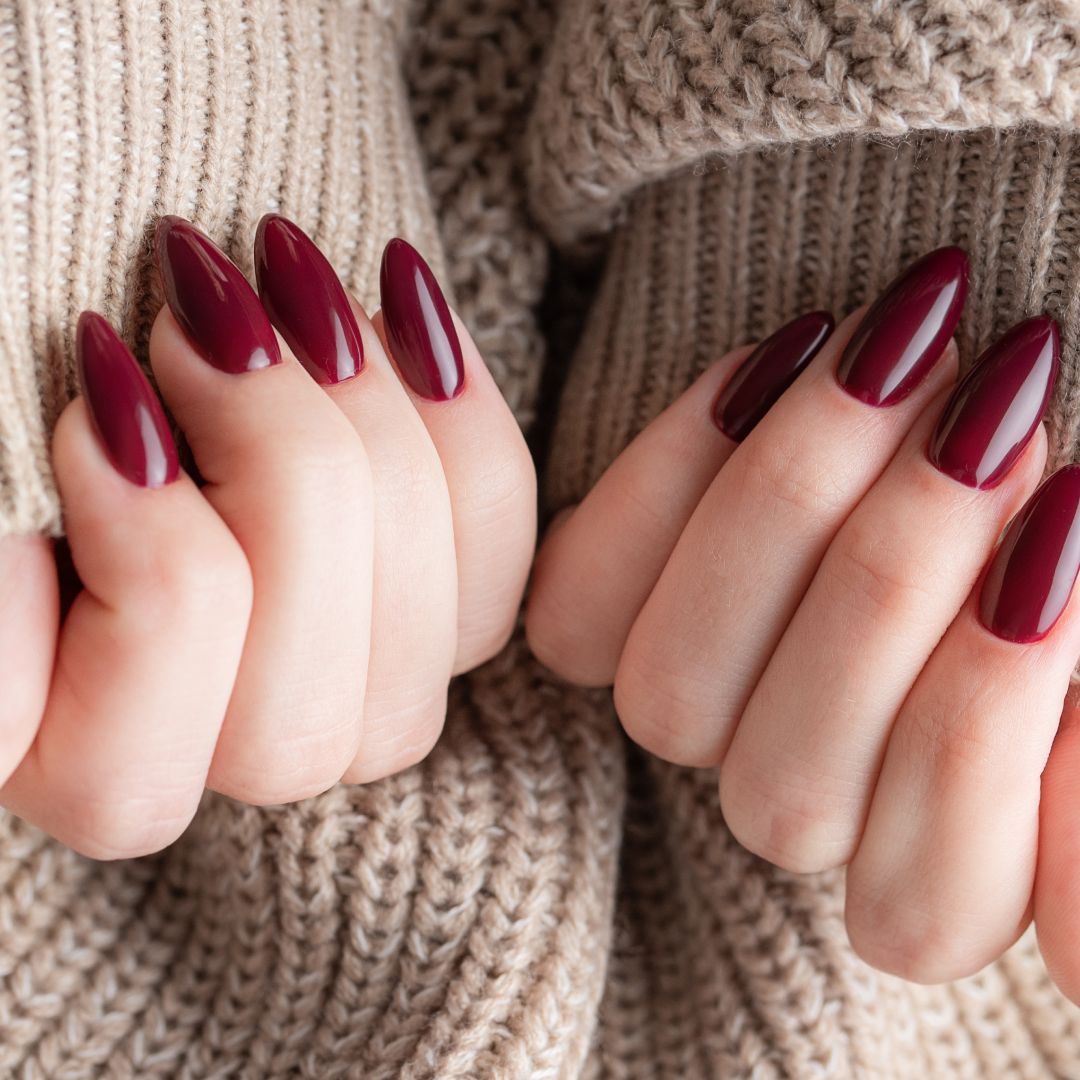 Deep Wine Red Glossy Long Stilettos Deep Wine Red Glossy Long Stilettos — Winter Nail Colors for Pale Skin