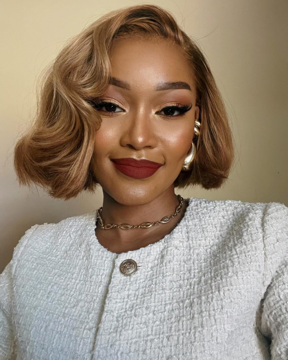 Honey Blonde Bob With Vintage Waves Honey Blonde Bob With Vintage Waves — Winter Haircuts for Black Women