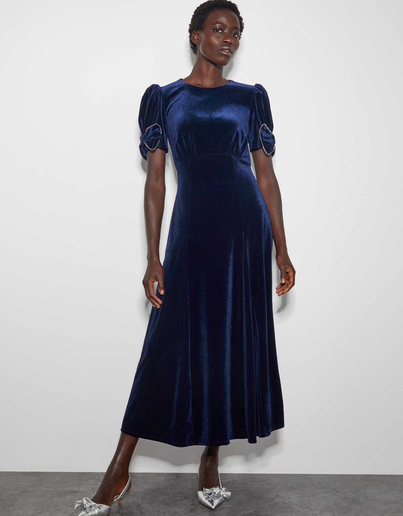 Deep Navy Blue Velvet Midi Dress with Rhinestone Embellished Sleeves Deep Navy Blue Velvet Midi Dress with Rhinestone Embellished Sleeves — Winter Wedding Guest Outfits