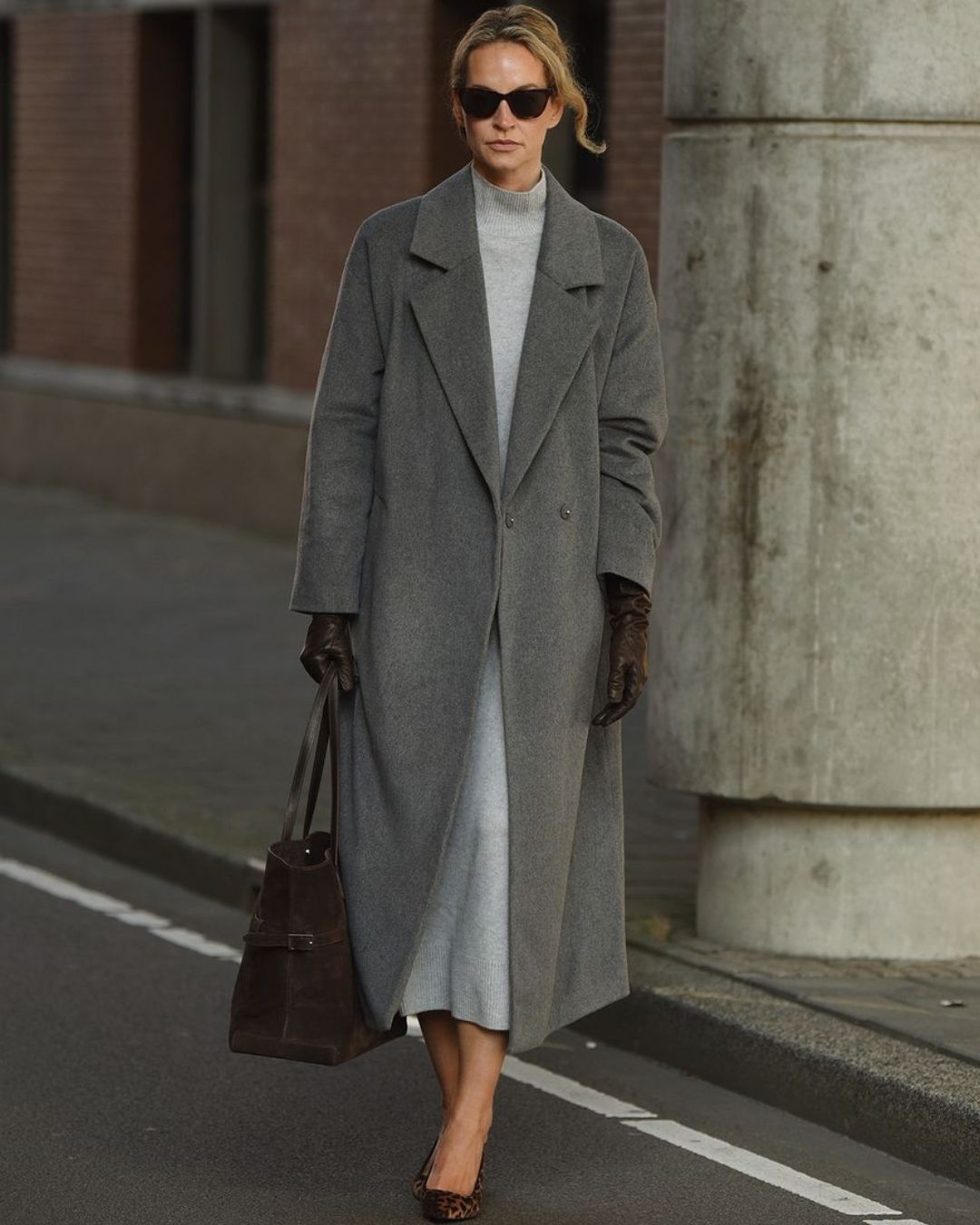 Elevated Neutrals: Grey Coat and Dress with Leopard Heels — Minimalist Winter Outfits