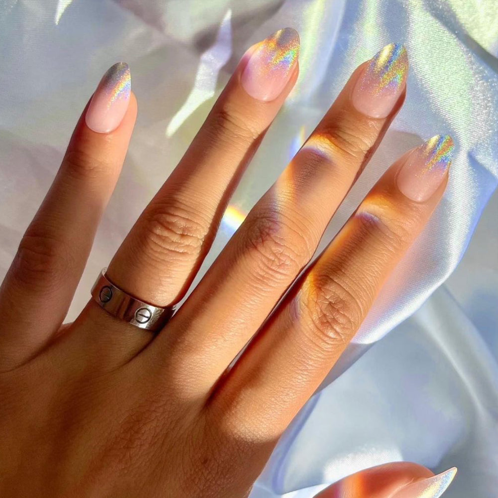 Nude Pink Holographic Glitter Gradient Almonds Nude Pink Holographic Glitter Gradient Almonds — Short Winter Almond Nails