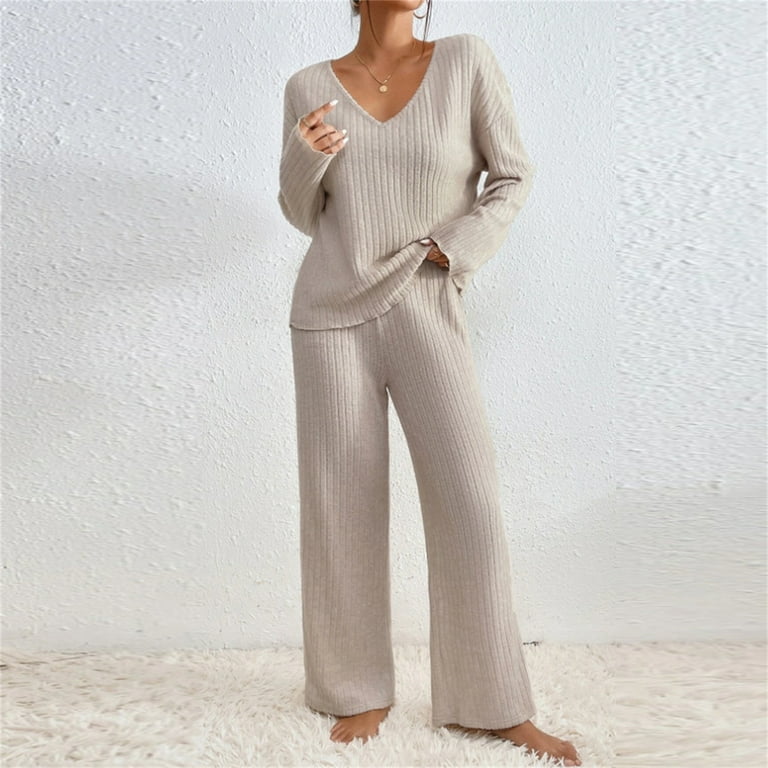 Loungewear Neutral Beige Ribbed Knit Sweater and Wide-Leg Pants — Loungewear Outfits
