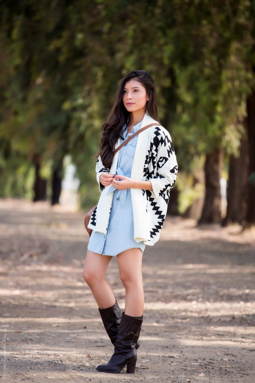 Geometric Pattern Cardigan Over Denim Shirt Dress with Knee-High Boots — Cardigan Outfits