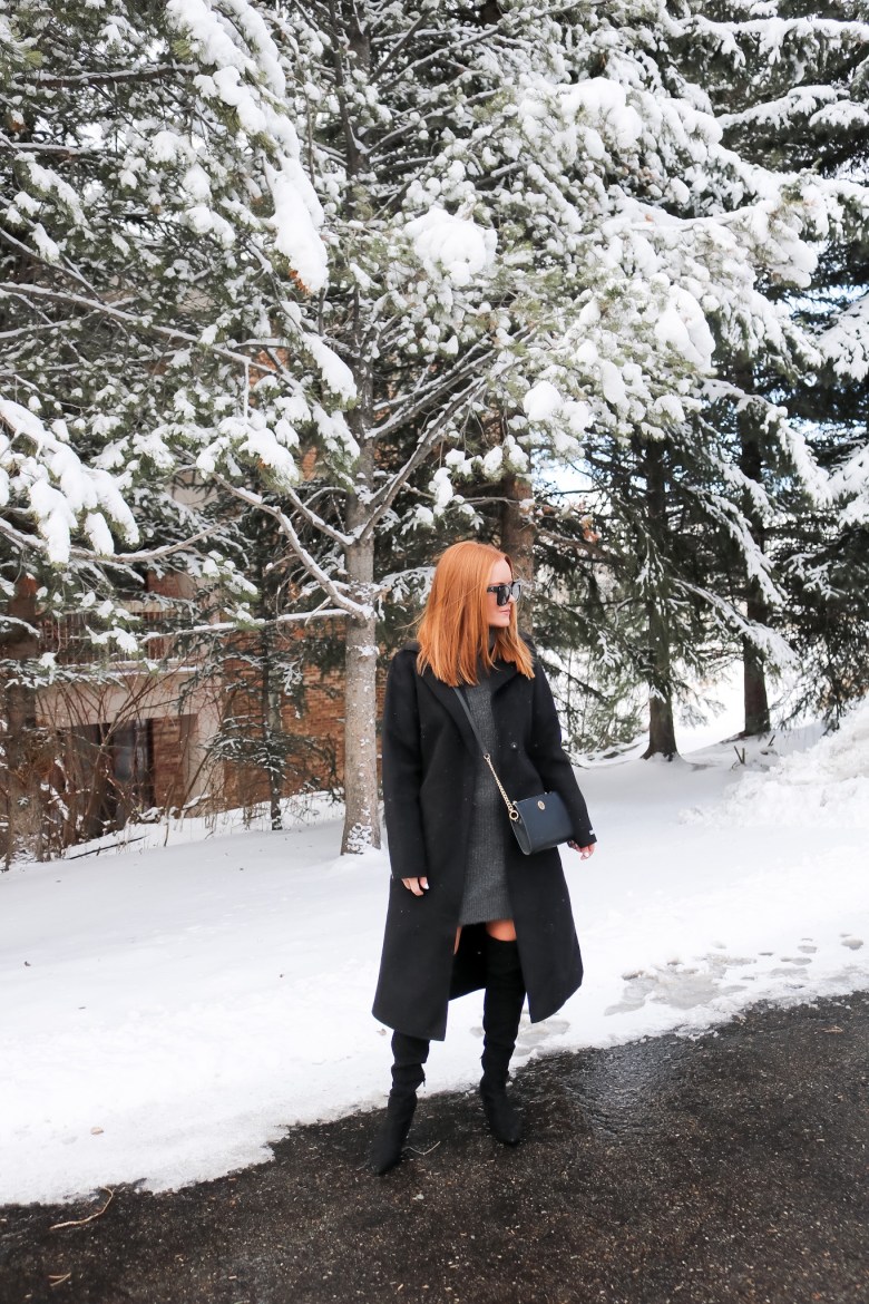Grey Sweater Dress with Long Black Coat and Over-the-Knee Boots Grey Sweater Dress with Long Black Coat and Over-the-Knee Boots — Dressy Winter Outfits