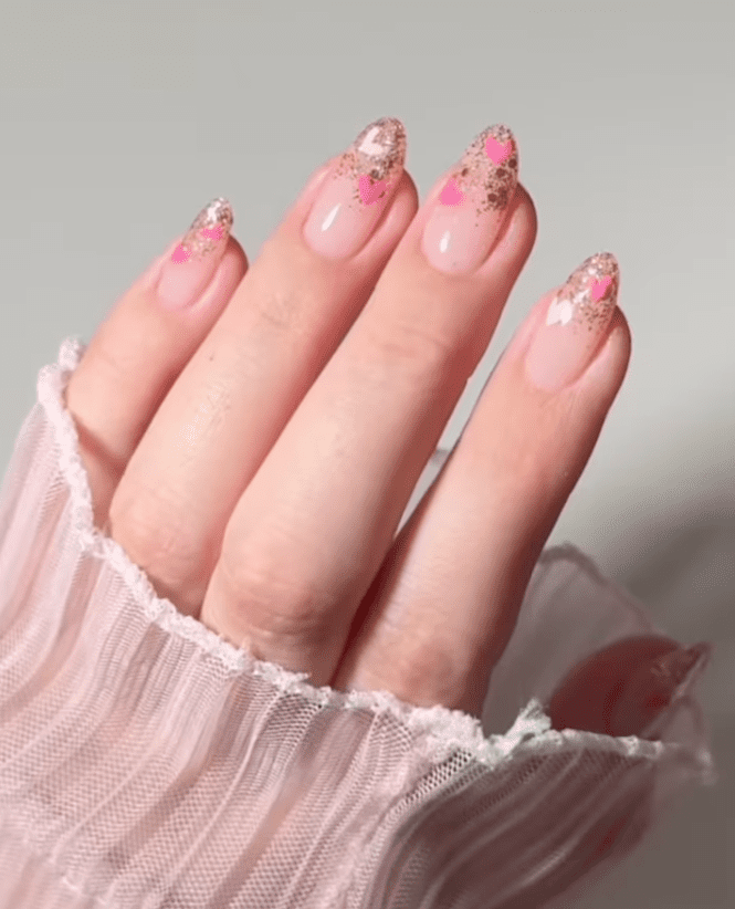 Rose Gold Glitter Hearts on Almond Rose Gold Glitter Hearts on Almond — nail art ideas
