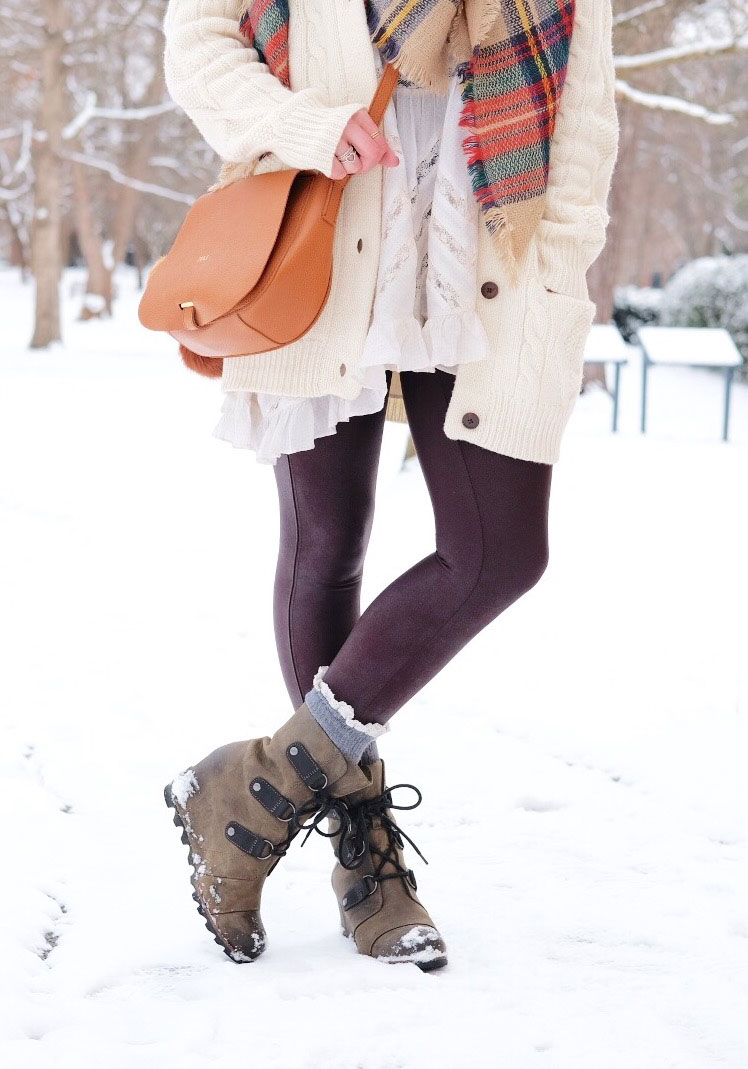 Cable-Knit Cardigan and Wedge Boots for a Winter Day — Snow Day Outfits
