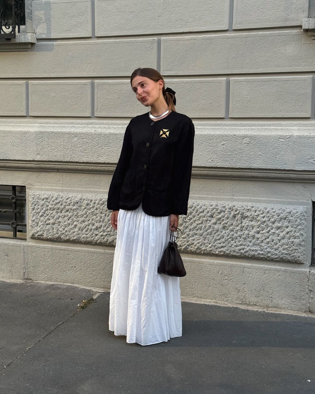 Black Jacket over White Maxi Dress — Italy Winter Outfits
