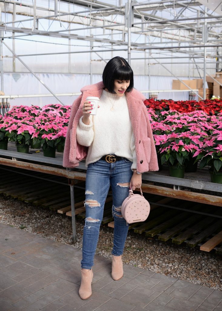 Feminine Fun: Pink Teddy Coat with Jeans and Studded Bag — Teddy Coat Outfits