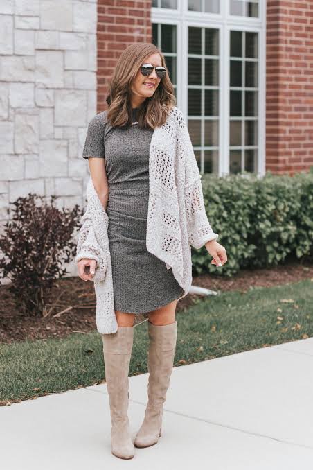 Casual Knit Mini Dress with Taupe Over-the-Knee Boots Casual Knit Mini Dress with Taupe Over-the-Knee Boots — Slouchy Boots Outfits