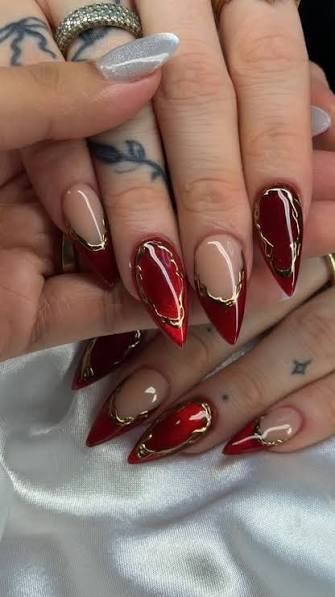 Nude and Red Stilettos with Gold Outline Nude and Red Stilettos with Gold Outline — chrome nail designs