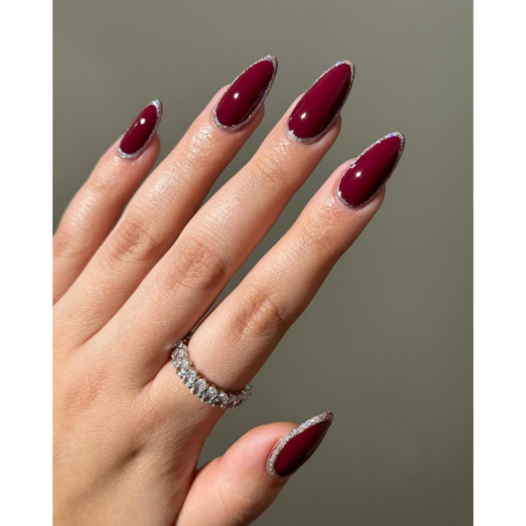 Burgundy Nails with Silver Glitter Outline Burgundy Nails with Silver Glitter Outline