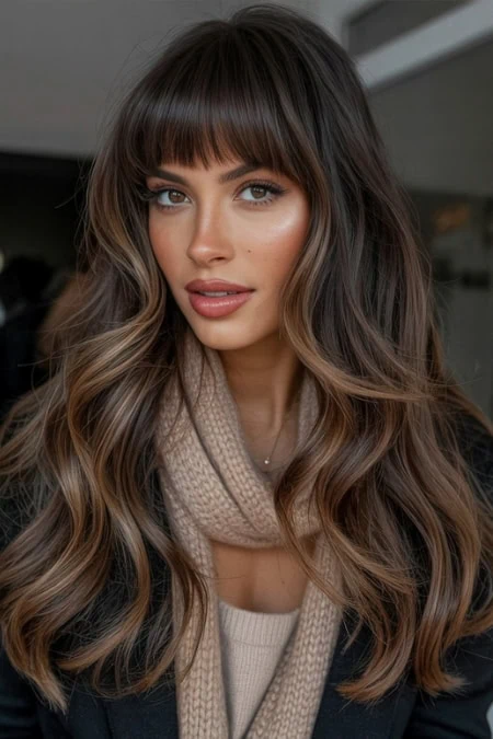 Dark Brown Balayage With Wispy Bangs — Long Winter Haircuts