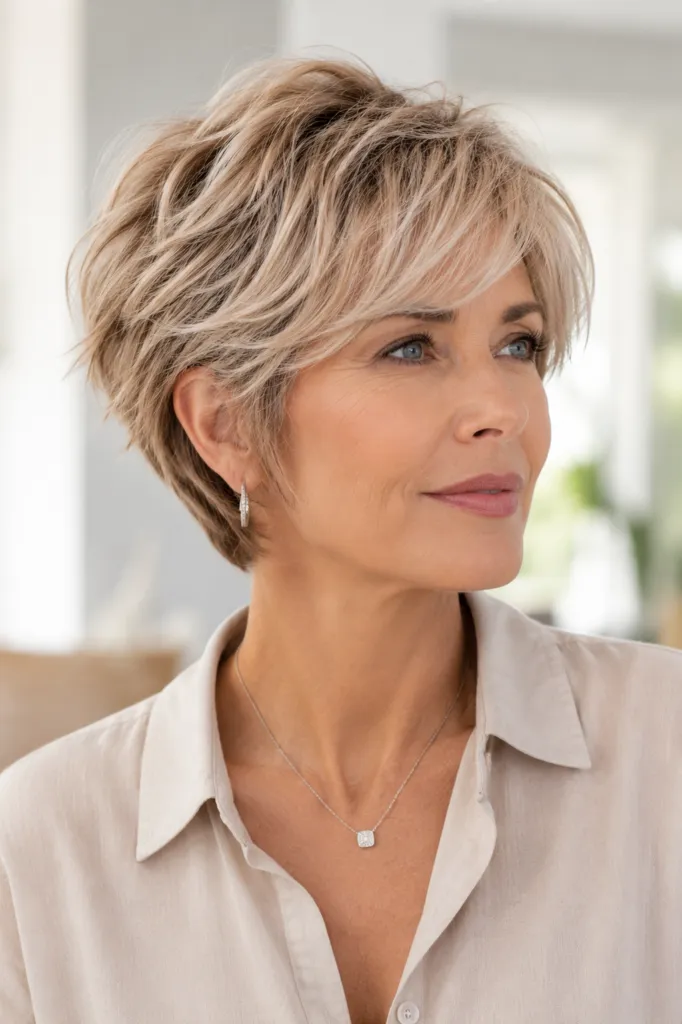 Layered Ash Blonde Pixie with Side Swept Bangs Layered Ash Blonde Pixie with Side Swept Bangs — very short women haircuts