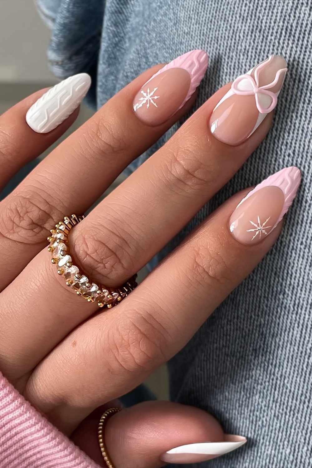 Pink Bow French Almond Nails Pink Bow French Almond Nails — Winter Acrylic Nails