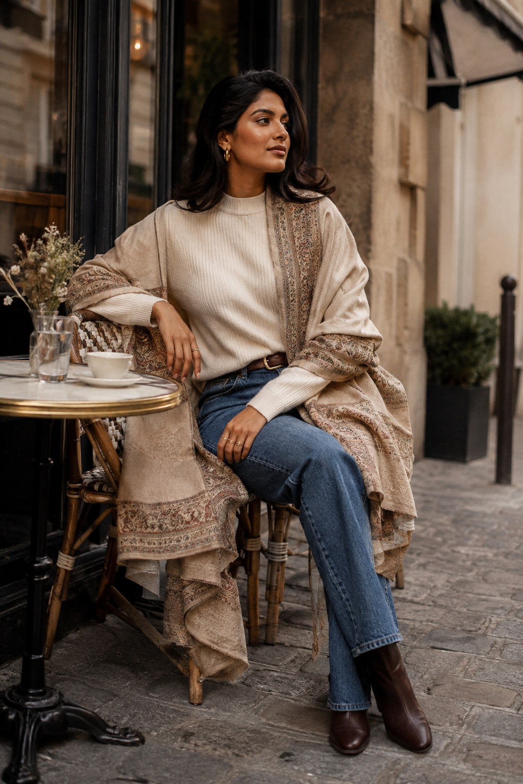 Patterned Shawl Adds Texture to Cream Knit and Jeans Patterned Shawl Adds Texture to Cream Knit and Jeans — Winter Outfits with Wide Leg Jeans
