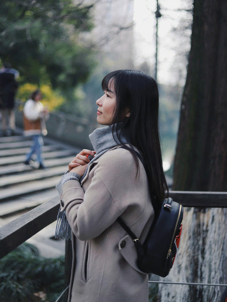 Grey Turtleneck and Beige Wool Coat with Blue and Grey Scarf — Japan Winter Outfits