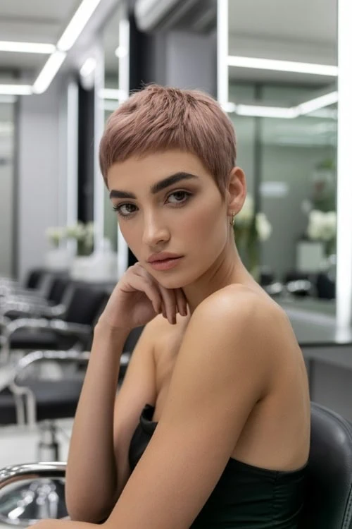 Pinkish Blonde Pixie With Micro Bangs Pinkish Blonde Pixie With Micro Bangs — Winter Pixie Haircuts