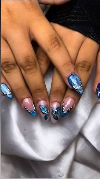 Royal Blue French Tips with 3D Flowers Royal Blue French Tips with 3D Flowers — blue nail inspo