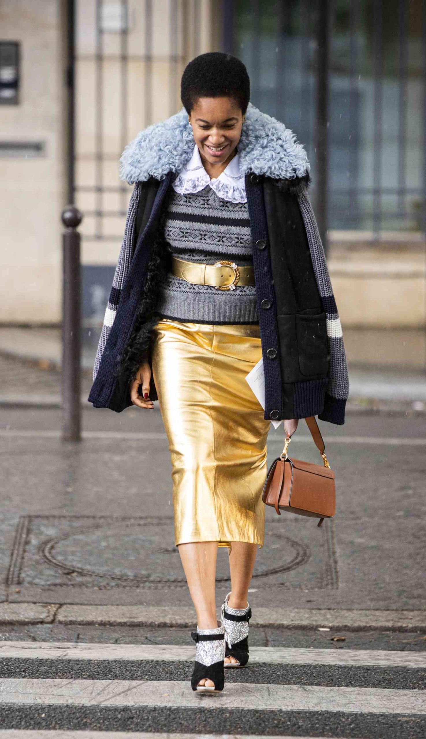 Metallic Gold Pencil Skirt with Layered Knitwear and Faux Fur — Winter Skirt Outfits