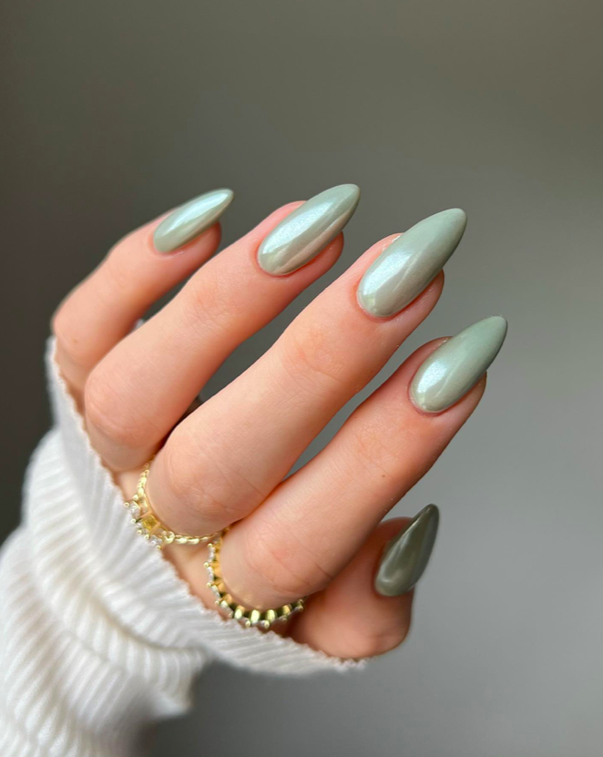 Sage Green Pearlescent Shimmer Stiletto Nails Sage Green Pearlescent Shimmer Stiletto Nails — green nail designs