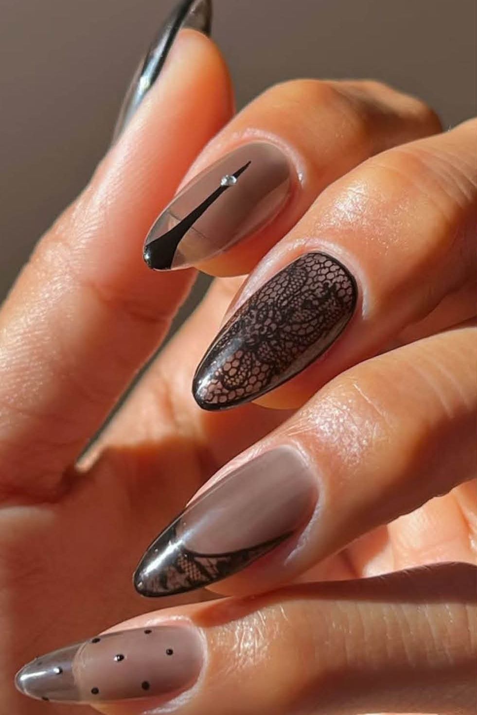 Sheer Nude Black Lace Almond Nails Sheer Nude Black Lace Almond Nails — Cute Winter Nails
