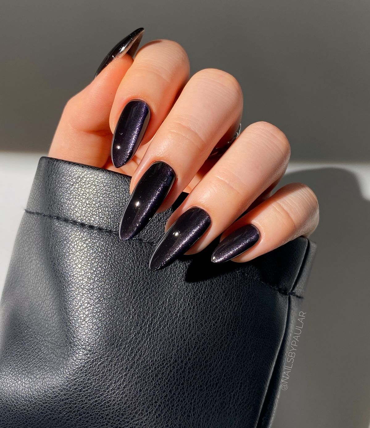 Deep Black Shimmer Stiletto Nails Deep Black Shimmer Stiletto Nails — Classy Winter Nails