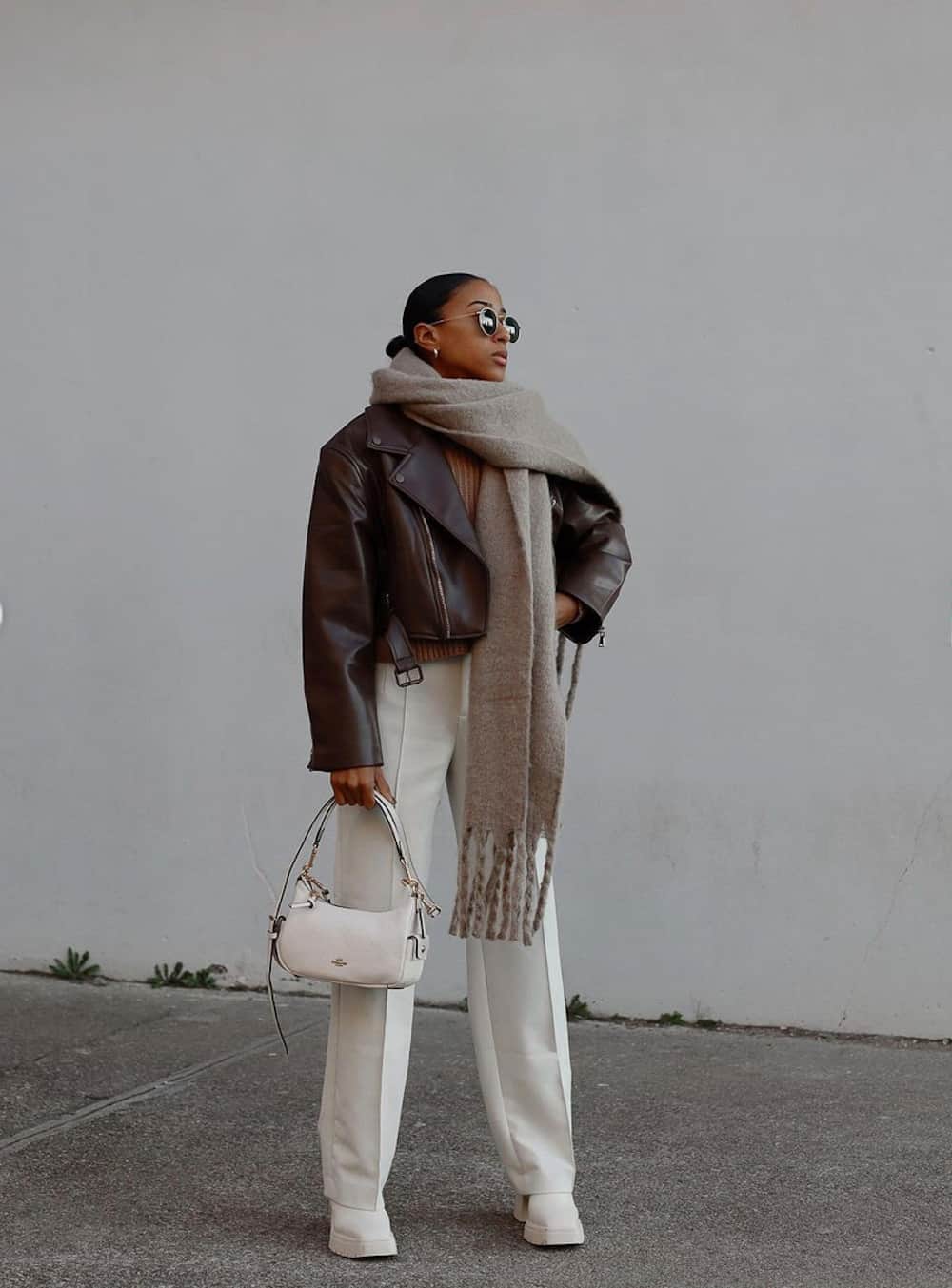 Leather Jacket with Oversized Scarf for Chic Winter Style — Baddie Winter Outfits