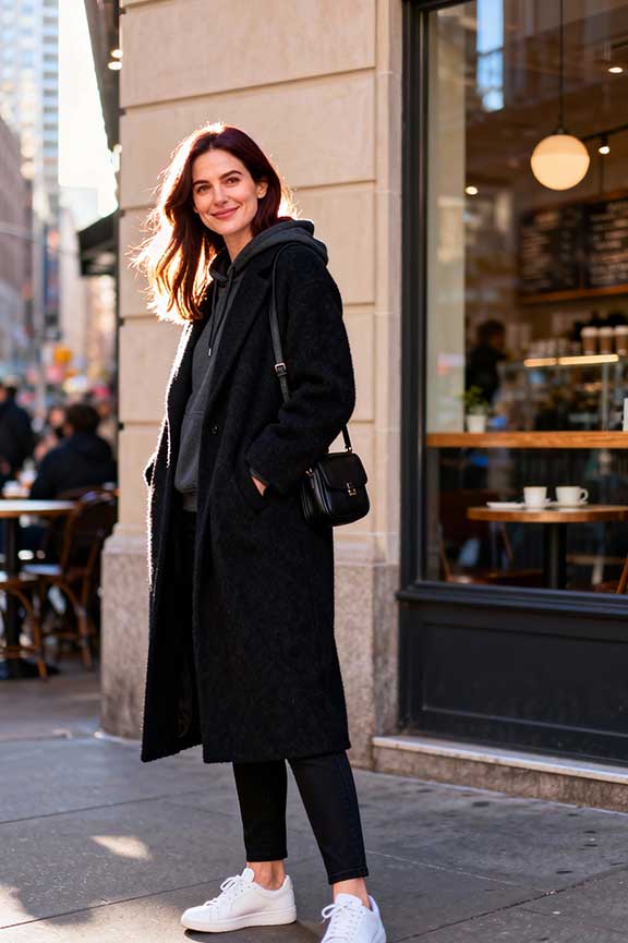 Textured Coat Meets Casual Layers — Black Coat Outfits